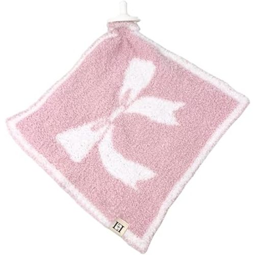 Bow Baby Lovey Pacifier/Teether Holder 10"x10" - DreamSoft Plush Fluffy Cuddly Soothie Reversible Mini Comfort Blanket - Cute Girly Newborn Gift Essential for Babies Girls (Pink/White)