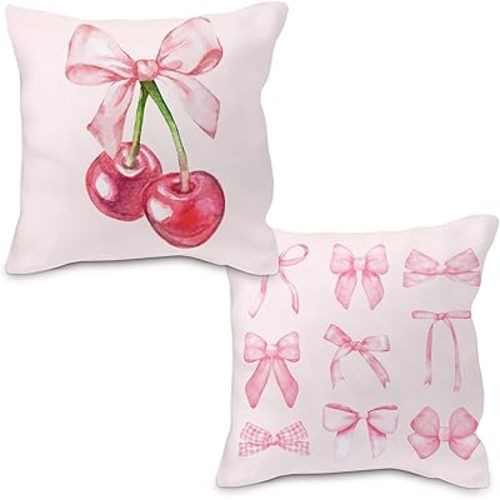 Pink Cherry Decorative Pillow Covers Set of 2 - Preppy Bowknot Cases 18x18, Couch Covers, Coquette Room Decor, Bow Covers for Living Room Sofa Bed