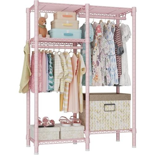 F1 Clothes Rack for Kids, Baby, Students, and Children's Room, 4 Tiers Portable Metal Closet Clothing Rack, Small Garment Rack with 2 Hanging Rod, 31.2" W x 11.8" D x 48" H, Pink