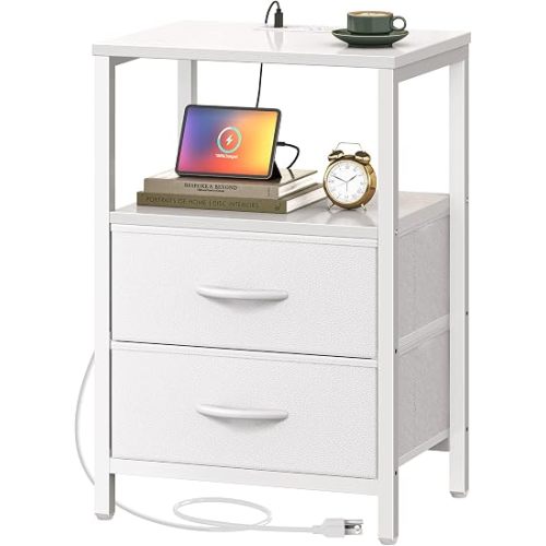 Huuger Nightstand with Charging Station, Side Table with Fabric Drawers