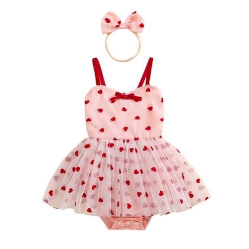 Lullnaxe Baby Girl Valentine’s Day Outfit Sleeveless Heart Print Tulle Tutu Romper Dress with Headband