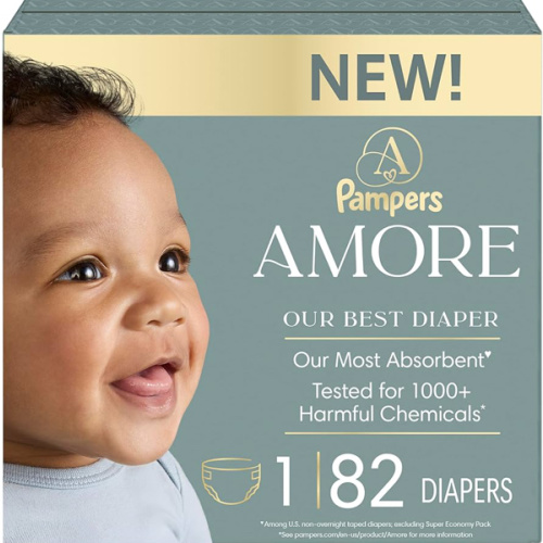 Pampers Amore, Size 1 (8-14 lbs), 82 Count, Our Best Diaper – Hypoallergenic & Fragrance Free, Up to 100% Leakproof, Soft as Cashmere
