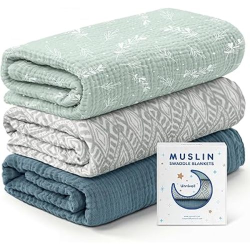 Unnivoll Muslin Swaddle Blankets for Newborns, 100% Cotton Receiving Blankets, Large 38 x 40 inches Baby Swaddle Blanket for Baby Boys and Girls, Soft Breathable Infant Baby Essentials 3 Pack Blue