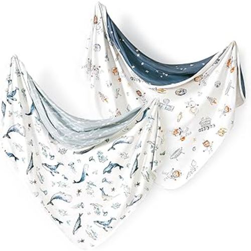 GRSSDER Baby Swaddle Blankets 2 Pack, Super Soft Jersey Knit Baby Quilt Blanket for Baby Boys, Double Layer Receiving Blankets 34 x 44 Inches Extra Large for Swaddling, Sea Fish & Space