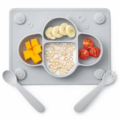 ROCCED Suction Plates for Baby Placemat Spoon Fork Set for Toddlers, Silicone Baby Plates with Suction Baby Dishes for Kids Plates-grey