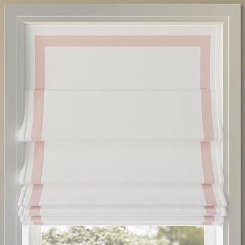 Sun Zero Marline Pink Ribbon Border 100% Total Blackout Cordless Roman Shade, Pink/White, 39" W x 64" H