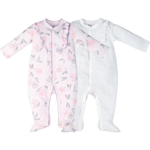 100% Cotton Baby Girls Footies Set of 2, 0-12 Months Long Sleeve Soft and Comfortable Toddler Girls' Footed