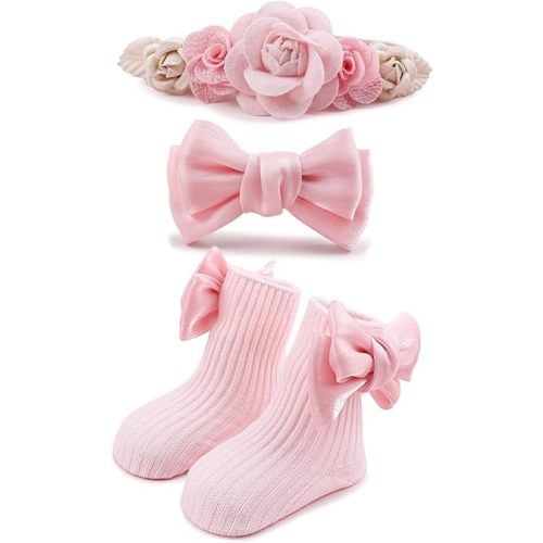 Baby Girl Nylon Headbands Socks Set Baby Bow Tie Socks Newborn Flower Socks Elastic Hairbands Hair Accessories Gift for Newborn Infant Toddlers (W-3)