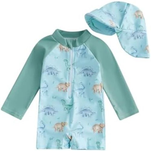 WYTbaby Baby Boy Rash Guard Swimsuit Set with Sun Hat, Long Sleeve One Piece Zipper Sunsuit for Infant Toddler 0-3T