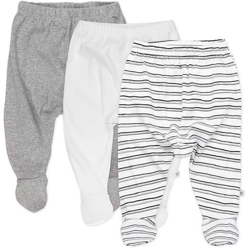 HonestBaby 3-Pack Footed Pants Roomy Fit Pull on Bottoms 100% Organic Cotton for Infant Baby Boys, Girls, Unisex - 0-3 Months - Sketchy Stripe
