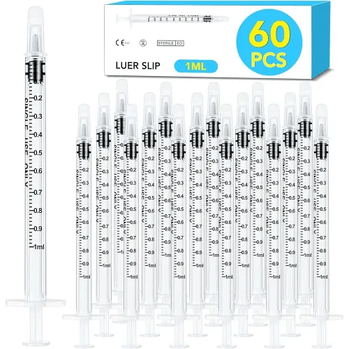 60 PCS 1ml Syringe with Cap for Liquid,Oral Syringe without Needle for Medicine Dropper, Colostrum Collect, Feeding Pets, Liquid Measuring, Individually Sealed, Luer Slip