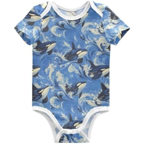 Baby Bodysuits Short Sleeve Orca Wave Blue Whale Unisex Baby Onesie Cotton Clothes for Boys Girls 0-3 Months
