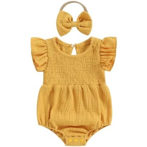 Newborn Baby Girl Clothes Ruffle Sleeve Solid Smocked Bubble Romper Jumpsuit Bow Headband Cute Summer Clothes