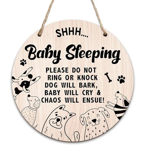 Baby Sleeping Door Sign For Front Door, Beware Of Dogs Do Not Knock Or Ring Doorbell Hanging Signs For Home, No Soliciting Sign Gifts For New Parents, Dog Bark Warning Signs Decor For House -06
