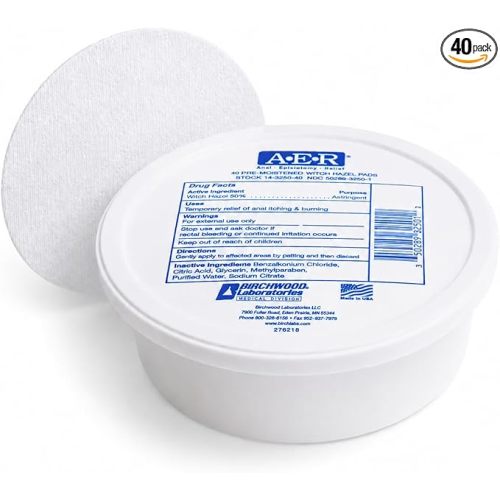 Birchwood Laboratories A-E-R Pre-Moistened Medicated Cooling Witch Hazel Pads For Hemorrhoid & Postpartum Relief, 40 Count