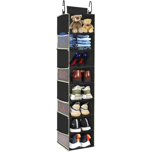 Large-Sized Hanging Shoe Organizer 8-Shelf, Hanging Closet Organizer with 8 Side Pockets, Wider Hanging Shelves for Storage Shoes Clothes 9" W × 11.8" D× 48" H, Black.