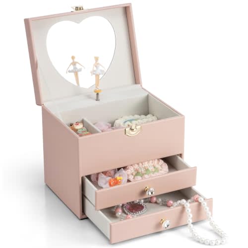 VLANDO 3 Layer Musical Jewelry Box for Girls, 2 Large Drawers Storage | Rotating Dancer Plays Canon Melody,Top Dividers Store Treasures,Sparkly Rhinestone Pull Knobs,Birthday Christmas Gift