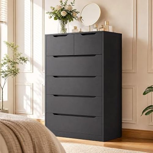 Romorgniz Black Dresser for Bedroom with 6 Wood Drawers, Tall Dressers & Chests of Drawers with Smooth Metal Slides for Entryway Hallway, Handle-Free Modern Design, 250 LBS Capacity
