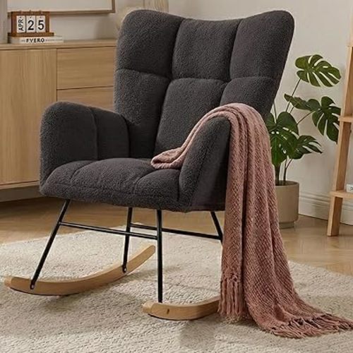 Nursery Rocking Chair, Teddy Upholstered Glider Chair with Thick Cushion, Tufted Gliding Rocker Chair with Wood Leg, Cozy Rocking Armchair, Accent Rocking Chair for Living Room (Dark Grey)