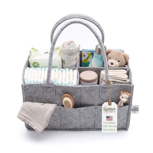 Parker Baby Felt Diaper Caddy & Diaper Organizer Basket - Regular, Gray | Bedside diaper caddy and car diaper caddy organizer with dividers; portable baby organizer basket for changing essentials.