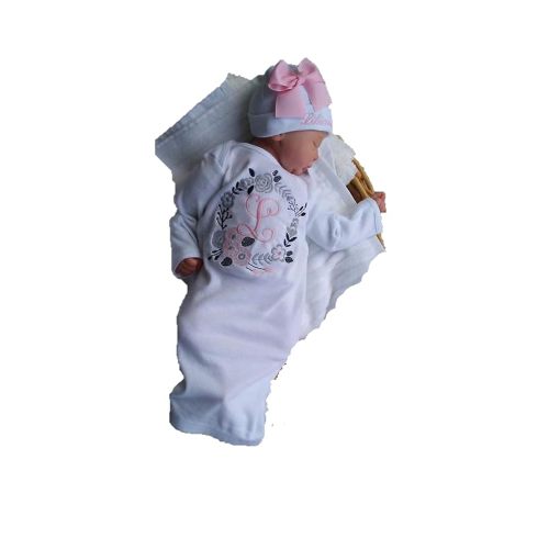 Newborn Baby Girl Coming Home Outfit Personalized Layette Gown with Beanie Baby Girl Shower Gifts (White/Pink) (0 to 3 Months)