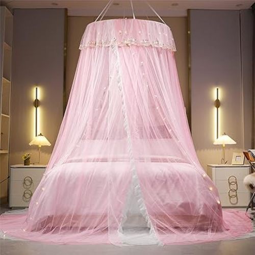VETHIN Princess Bed Canopy for Girls,Bed Canopy Curtain- Double Layer Sheer Mesh Dome Bed Curtain- Round Lace Princess Mosquito Net Tent with led Stars String Lights(Purple/White)