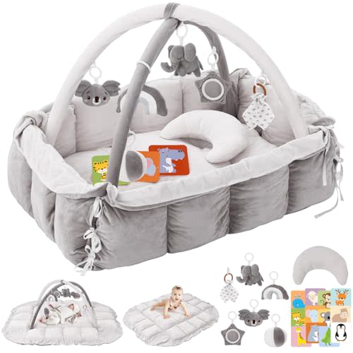 5-in-1 Plush Baby Play Gym & Activity Mat, Baby Play Mats, Baby Gym with Convertible Design, Tummy Time Mat with Pillow, 6 Sensory Toys for Newborn to Toddler, Grey