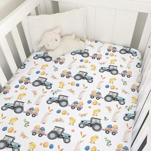 Easter Farm Tractors Baby Crib Sheets 52''x28'' Spring Bunny Colorful Eggs Floral Stretchy Fitted Crib Mattress Sheet for Boy Girl Soft Baby Nursery Bed Sheet for Crib & Toddler Mattress