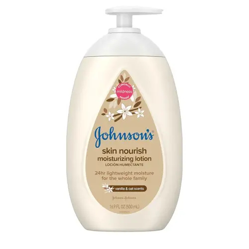 Johnson's Skin Nourish Moisturizing Baby Lotion for Dry Skin with Vanilla & Oat Scents, Gentle & Lightweight Body Lotion for the Whole Family, Hypoallergenic, Dye-Free, 16.9 fl. oz