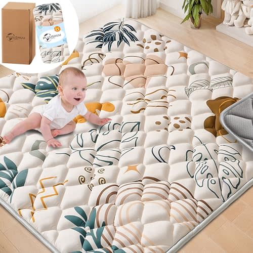 Baby Play Mats for Floor, Playpen Mat for Babies, Extra Thicker & Soft Floor Crawling Mat, Foldable Non-Slip Playmat Cushioned for Infants Toddlers (Brown-B, 50x50 Inch)