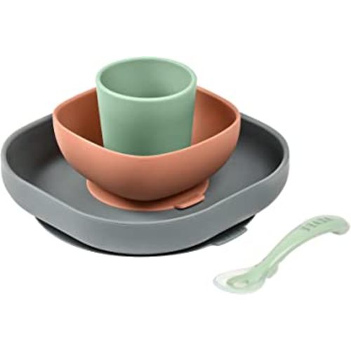 BEABA Silicone 4 Piece Baby Feeding Set, Suction Plates for Baby, Includes Plate, Bowl, Cup, 2nd Stage Spoon, High Grade Food Safe Silicone, Baby Must Haves, Mineral