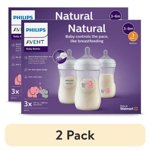 (2 pack) Philips Avent Natural Baby Bottle with Natural Response Nipple (Medium Flow, Flow 3), with Pink Elephant Design, 9oz, 3pk, SCY903/62