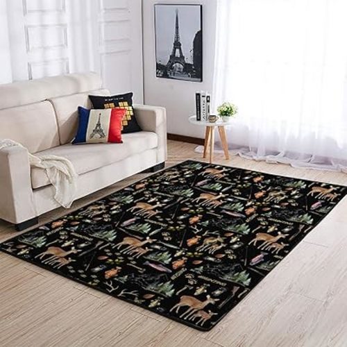 Fishing Hunting Life Nursery Area Rug for Baby Boy Deer Bass Fish Forest Animal Kids Floor Carpets for Nursery Kids Room Bedside Home Decor Nature Lover Gift Throw Mat Black 36x60inch