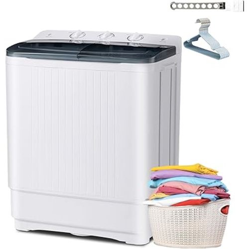 Erivess 32 lbs Compact Mini Twin Tub Washing Machine with Drying Rack&10 Hangers, 20 lbs Washer Mini Compact Laundry Machine and 12 lbs Spinner, Convenient and Efficient for Dorms, Apartment