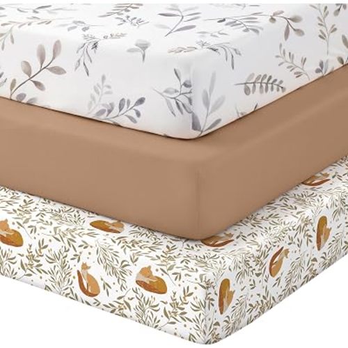 Baby Crib Sheets 3 Pack, Snug Fit Fitted Crib Sheet for Boys Girls, Super Soft Toddler Bed Sheet, Neutral Stretchy Baby Sheet, Breathable & Wrinkle-Resistant, 28x52x8in, White Brown Leaves