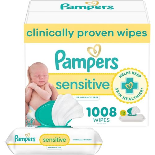 Pampers Sensitive Baby Wipes, Clinically Proven, Fragrance Free, Unscented, Water Based, Hypoallergenic, Multi-Use, Hand Wipes 1008 Wipes Total (18X Flip-Top Packs) [Packaging May Vary]