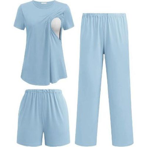 Ekouaer 3 Piece Maternity Pajamas Set Postpartum Nursing Short Sleeve Breastfeeding Sleepwear Pregnancy Shorts & Pants Pjs Light Blue S