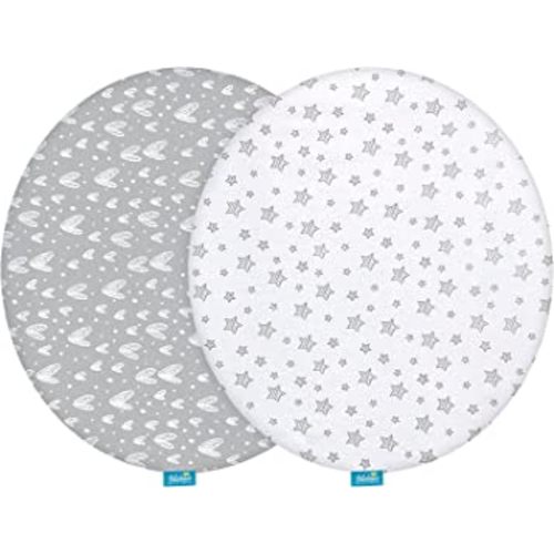 Bassinet Sheets Compatible with Fisher-Price On-The-Go Baby Dome, 2 Pack, 100% Jersey Knit Cotton Fitted Sheets, Breathable and Heavenly Soft, Grey Hearts and White Stars Print for Baby