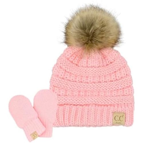 C.C Babies' Winter Cable Knit Beanie and Fuzzy Lined Mitten Set