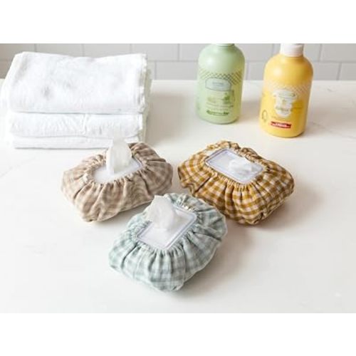 Baby Wipes Cover – Universal Size, One Size Fits All Wipes Packages | Muslin Cotton Tissue Cover for Nursery, Diaper Bag & Changing Table, Station | Gingham & Neutral Patterns (3-Gingham Mint)