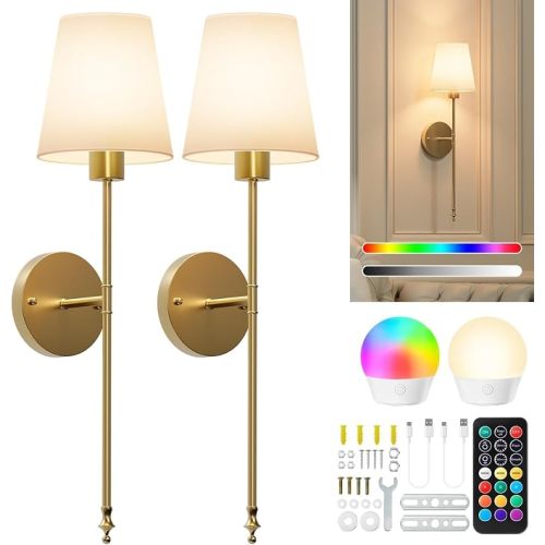 Brightown Battery Operated Wall Sconces Set of Two,Gold Sconces Wall Decor | RGBWW Rechargeable Wall Lights with Dimmable Magnetic Bulbs & Remote, Wireless Wall Lamp for Living Room Bedroom Hallway