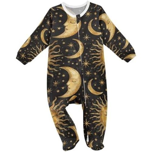 Golden Sun Moon Stars Boho on Black Baby Boys Sleep Play Footies Cotton Girls Romper babysuits Sleeper Pajamas 3M