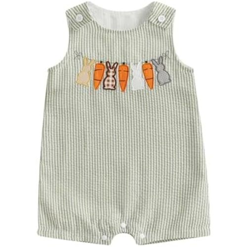 Toddler Boy Easter Outfit Bunny Carrot Embroidery Jumpsuit Sleeveless Overall Spring Palysuit Easter Clothes 0-3 Y
