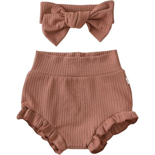 Newborn Infant Baby Girls Ruffle Bloomer Shorts Elastic High Waist Bloomers PP Pants with Headband Set