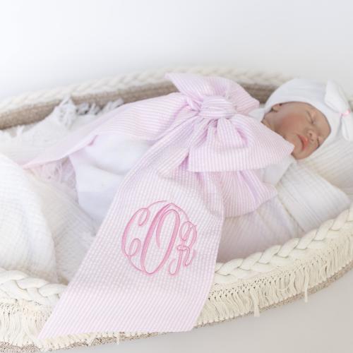 Monogrammed Newborn Infant Baby Seersucker Bow Sash Blanket, Maternity Photography Prop, Monogrammed Newborn Wrap, Baby Photo Prop, Big Bow