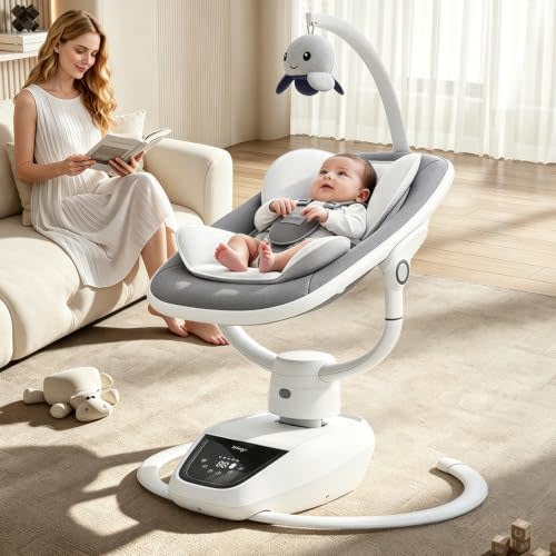 Trimigo Electric Baby Swing for Infant to Toddler,Newborn &Infant Swing | 180° Adjustable, Remote, 5-Modes, 4-Speed, 3-Seat Height, 8 Melody. swing for newborns & toddlers, soft seat.Grey