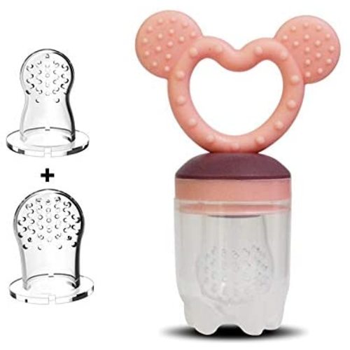 SFCCMM Fresh Food Feeder , Fruit Feeder Pacifier & Infant Teething Teether Includes 3 Sizes Silicone Pouches (Pink)