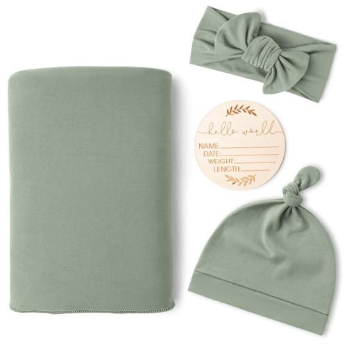 Konssy Newborn Swaddle Blanket with Beanie Hat Set, Baby Receiving Blanket
