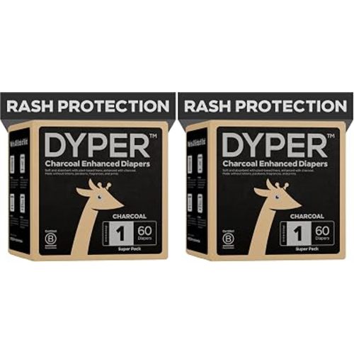 DYPER Charcoal Enhanced Diapers | Baby Diapers from Plant-Based* & Honest Materials | Day & Overnight Diapers | Disposable Diapers for Sensitive Skin (Size 1, 60, Count) (Pack of 2)