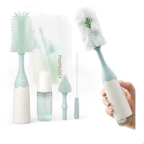 Momcozy Bottle Brush Kit, Innovative Push-Press Design for Better Cleaning - Baby Bottle Cleaner Brush for Baby Bottle, Breast Pumps, Nipples, and More - Can Generate Foam for Better Cleaning, Green